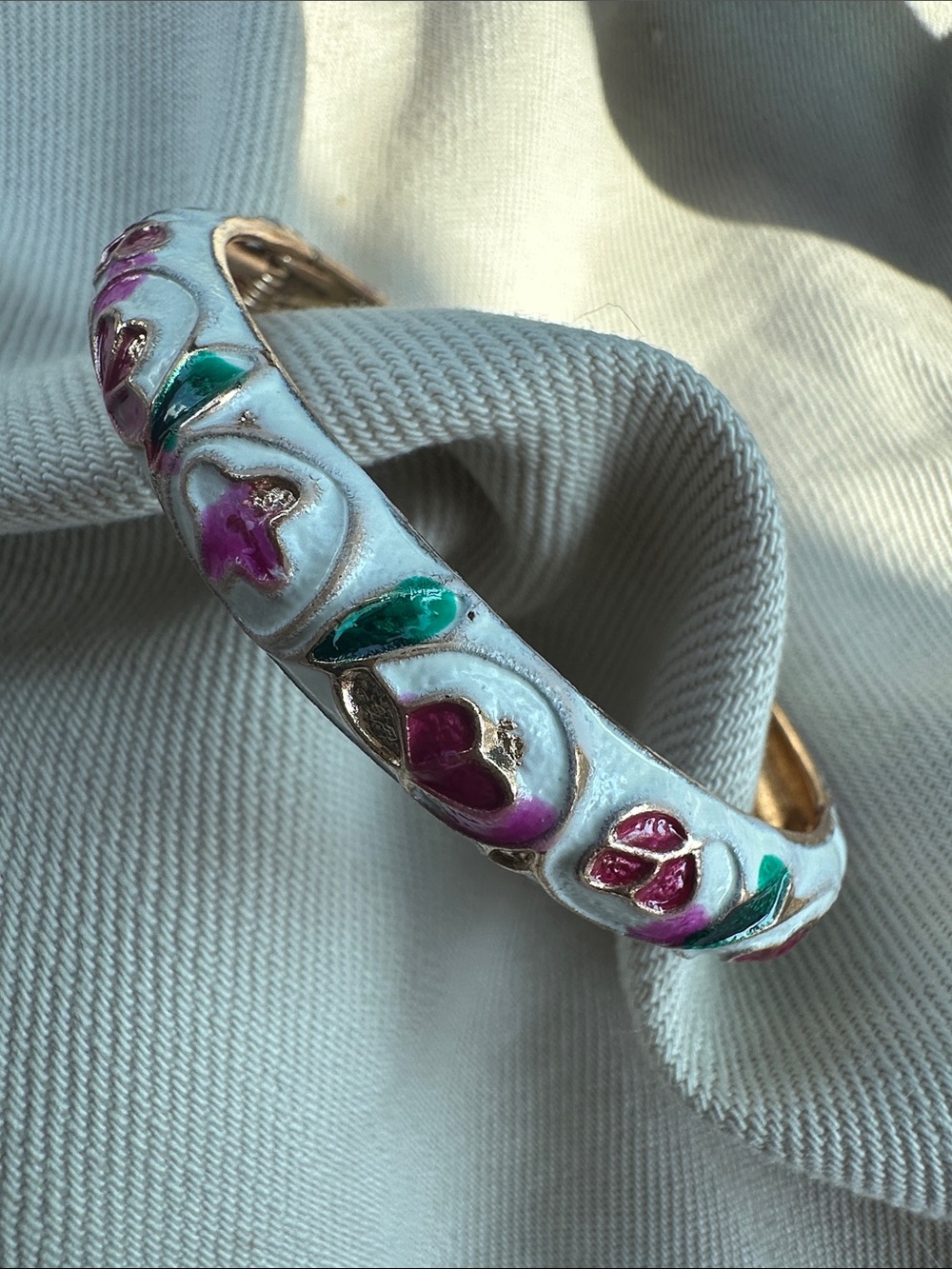 Enamel Floral Bangle Bracelet in White with Pink & Green Accents